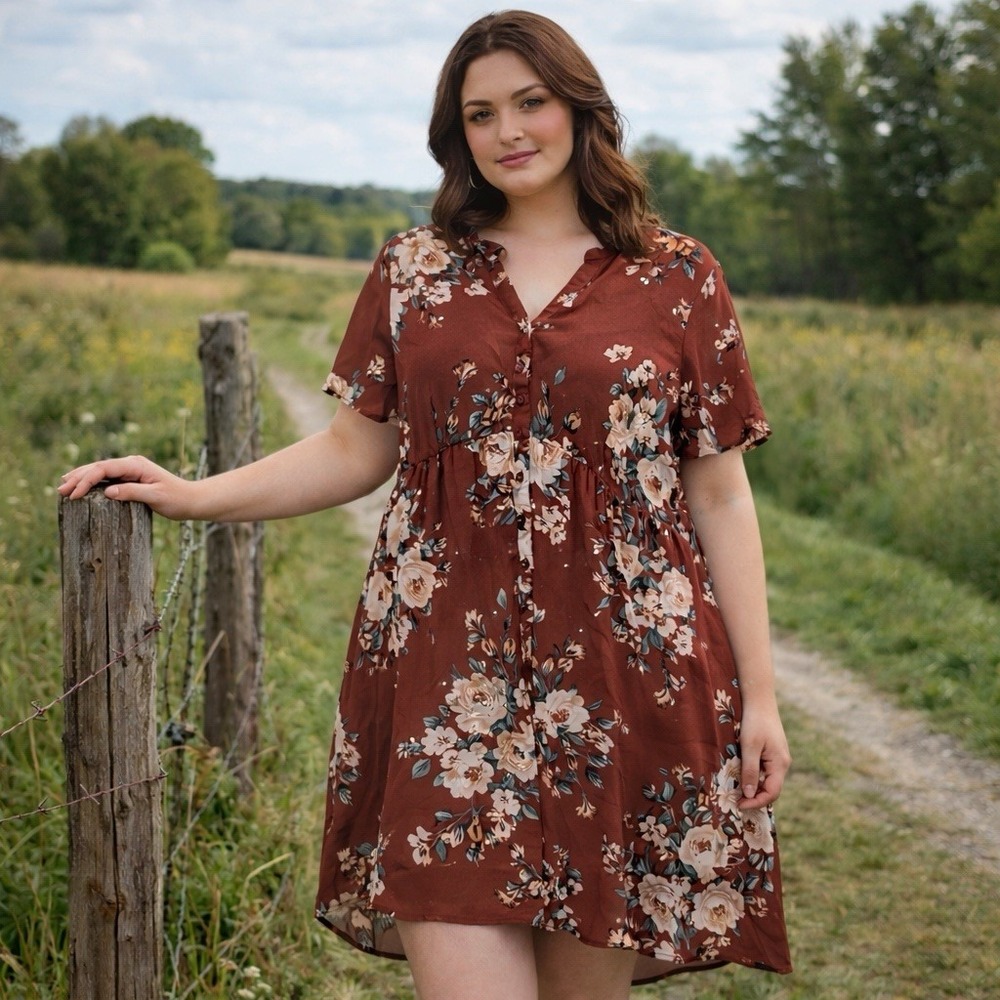 Torrid Lexie Boho Babydoll Dress Chiffon Floral Women 1 SZ XL Brown Rust Country